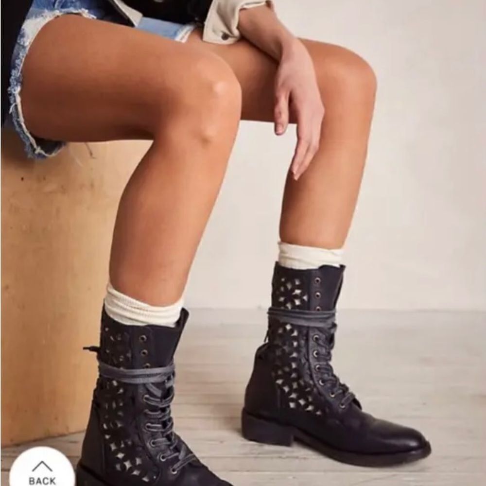 Free People Black Leather Flower Cut Outs Power Lace-Up Zip Back Boots size 6.5